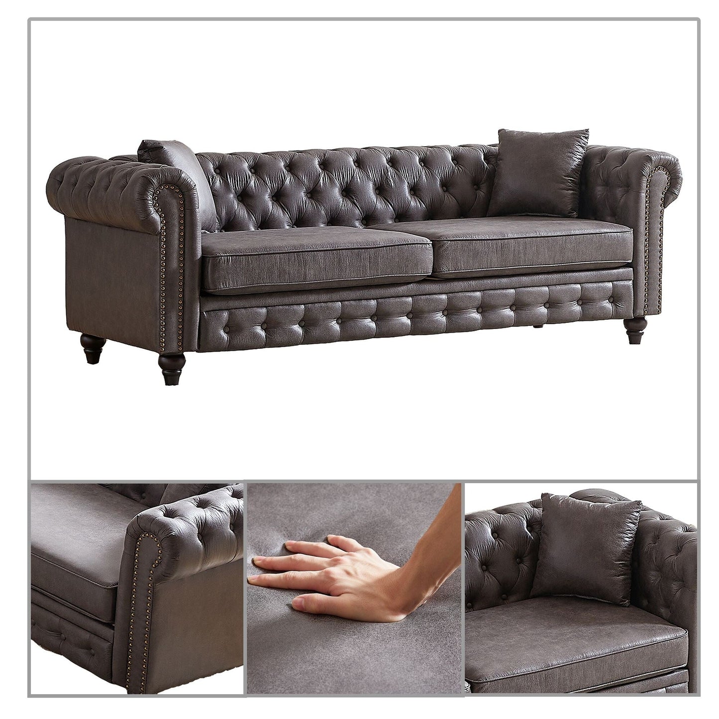 Canapé capitonné standard de style vintage du milieu du siècle avec garniture cloutée et pieds en bois pour les centres commerciaux de salon