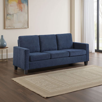 Canapé Mihi, chenille bleue, 193 cm, pieds fuselés en bois noir