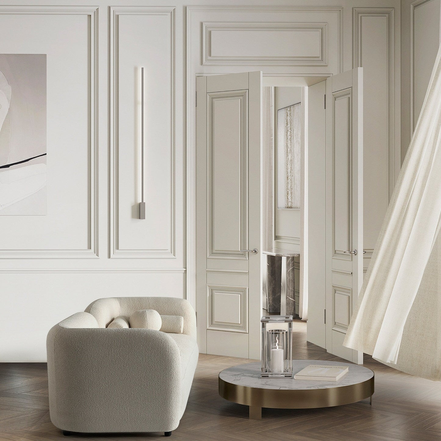 Canapé Milet de luxe moderne en tissu bouclé avec accoudoirs incurvés