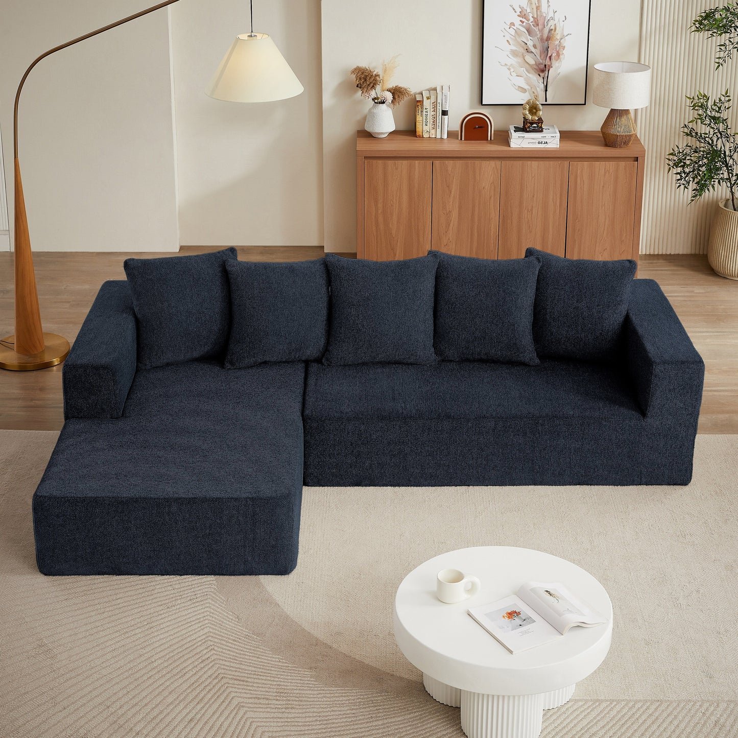 Canapé modulaire en forme de L en chenille minimaliste, canapé nuage en tissu pour salon