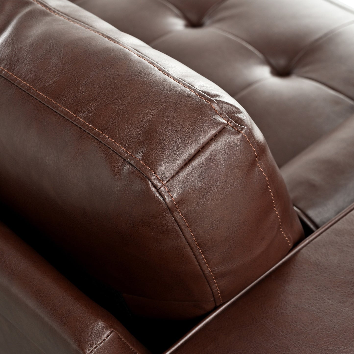 Canapé 3 places Mirod en similicuir, style milieu de siècle moderne, capitonné, pieds en bois massif, 2 coussins traversins