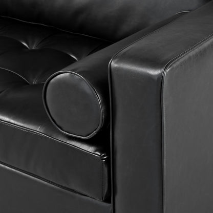 Canapé 3 places Mirod en similicuir, style milieu de siècle moderne, capitonné, pieds en bois massif, 2 coussins traversins