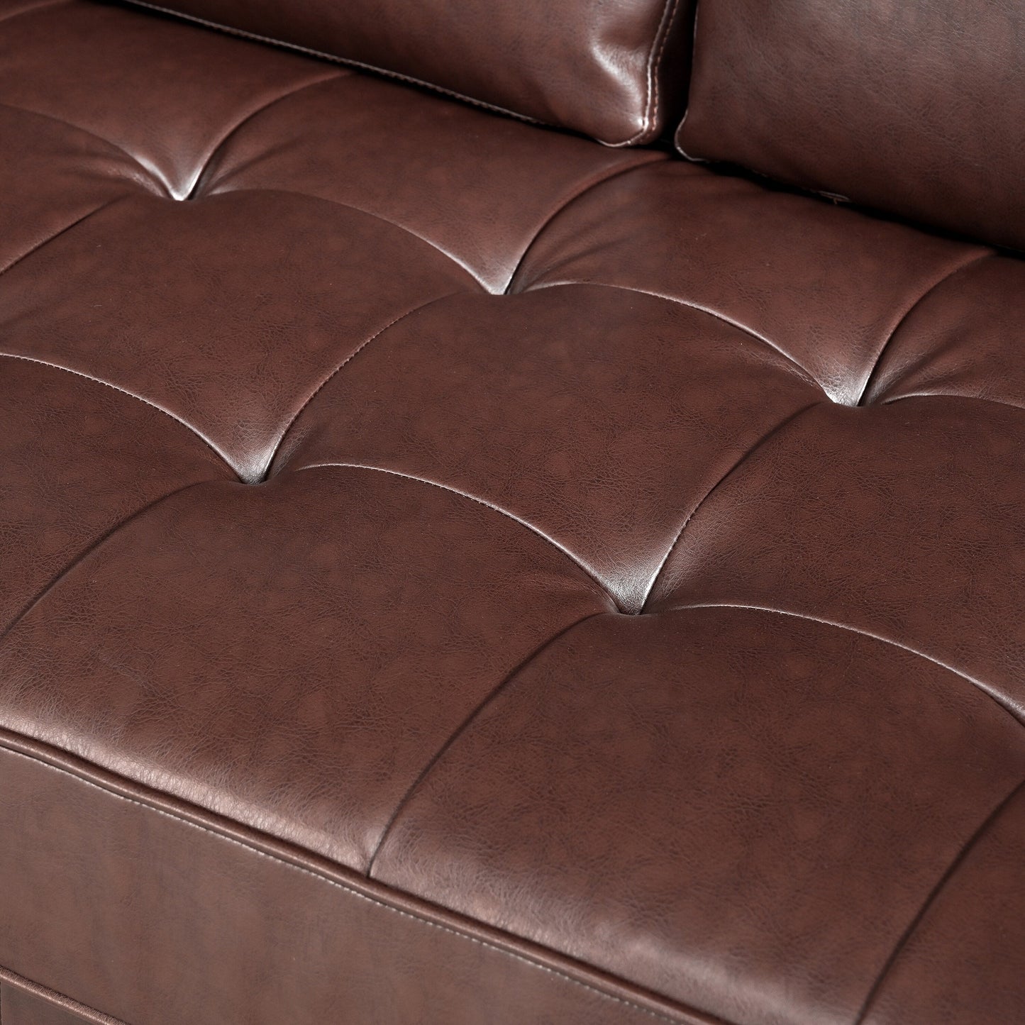 Canapé 3 places Mirod en similicuir, style milieu de siècle moderne, capitonné, pieds en bois massif, 2 coussins traversins