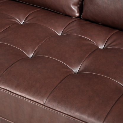 Canapé 3 places Mirod en similicuir, style milieu de siècle moderne, capitonné, pieds en bois massif, 2 coussins traversins