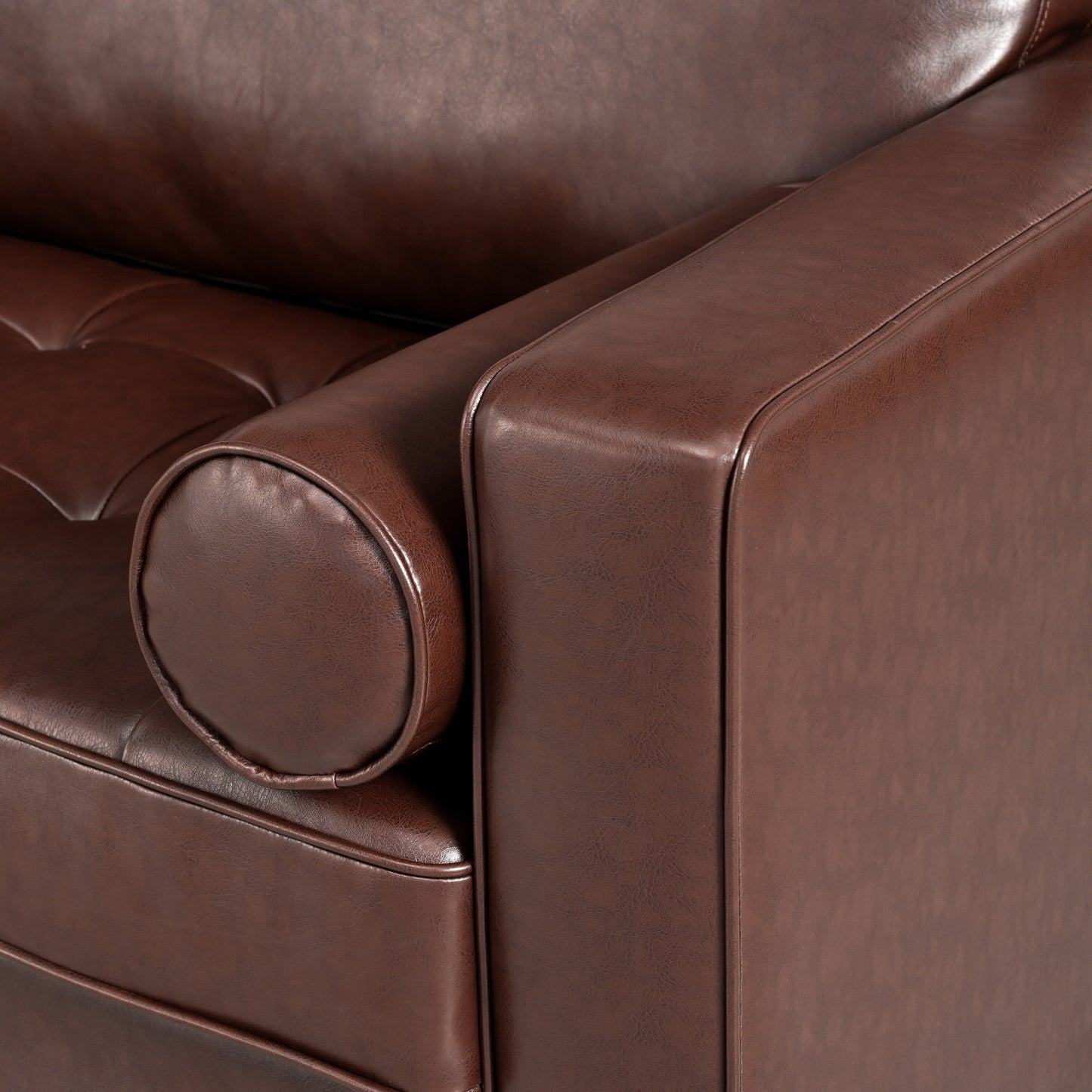 Canapé 3 places Mirod en similicuir, style milieu de siècle moderne, capitonné, pieds en bois massif, 2 coussins traversins