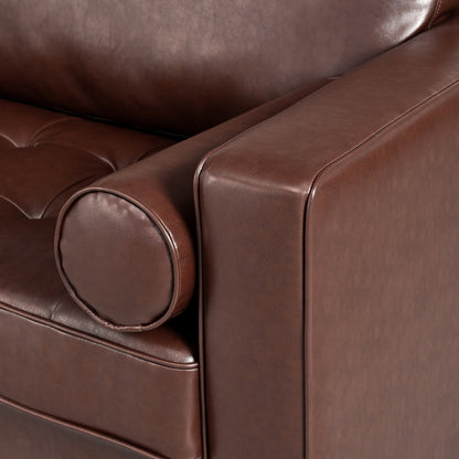 Canapé 3 places Mirod en similicuir, style milieu de siècle moderne, capitonné, pieds en bois massif, 2 coussins traversins