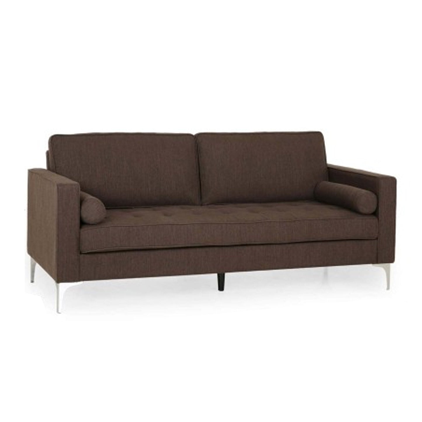 Canapé 3 places Miry, 2 coussins traversins, pieds argentés, polyester marron