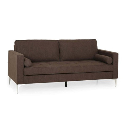 Canapé 3 places Miry, 2 coussins traversins, pieds argentés, polyester marron
