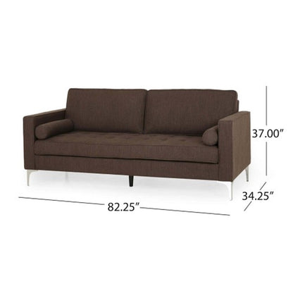 Canapé 3 places Miry, 2 coussins traversins, pieds argentés, polyester marron