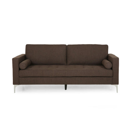 Canapé 3 places Miry, 2 coussins traversins, pieds argentés, polyester marron