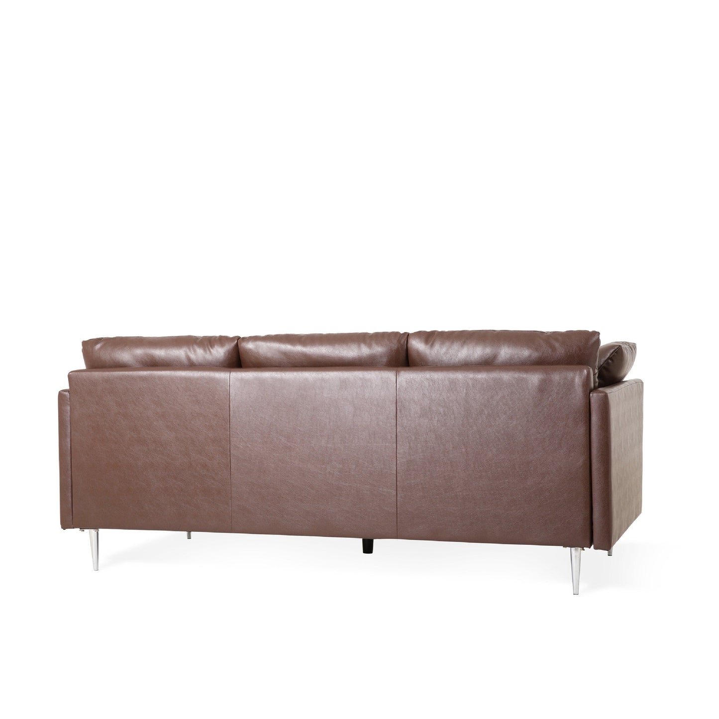 Canapé 3 places Miry, 4 coussins décoratifs, similicuir marron foncé moelleux