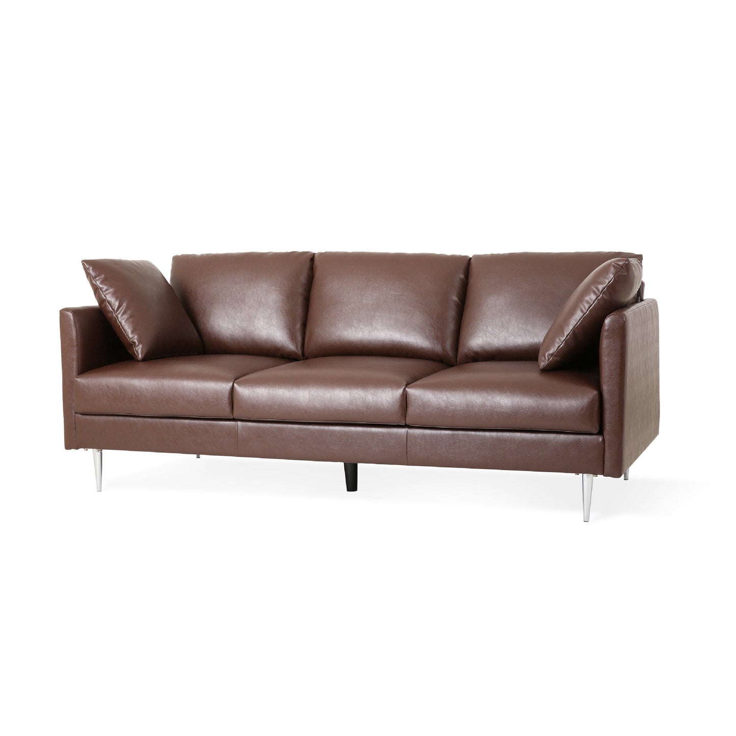 Canapé 3 places Miry, 4 coussins décoratifs, similicuir marron foncé moelleux