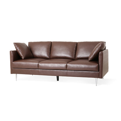 Canapé 3 places Miry, 4 coussins décoratifs, similicuir marron foncé moelleux