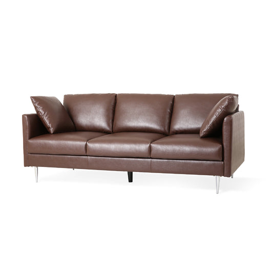 Canapé 3 places Miry, 4 coussins décoratifs, similicuir marron foncé moelleux