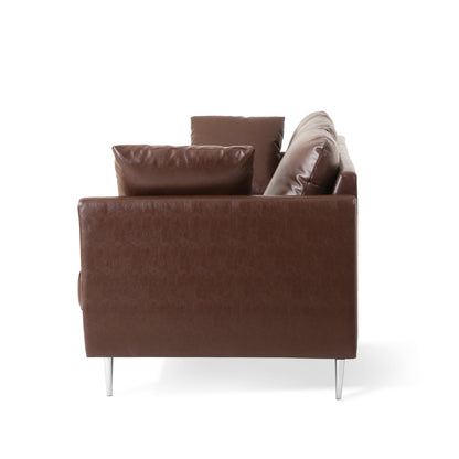 Canapé 3 places Miry, 4 coussins décoratifs, similicuir marron foncé moelleux