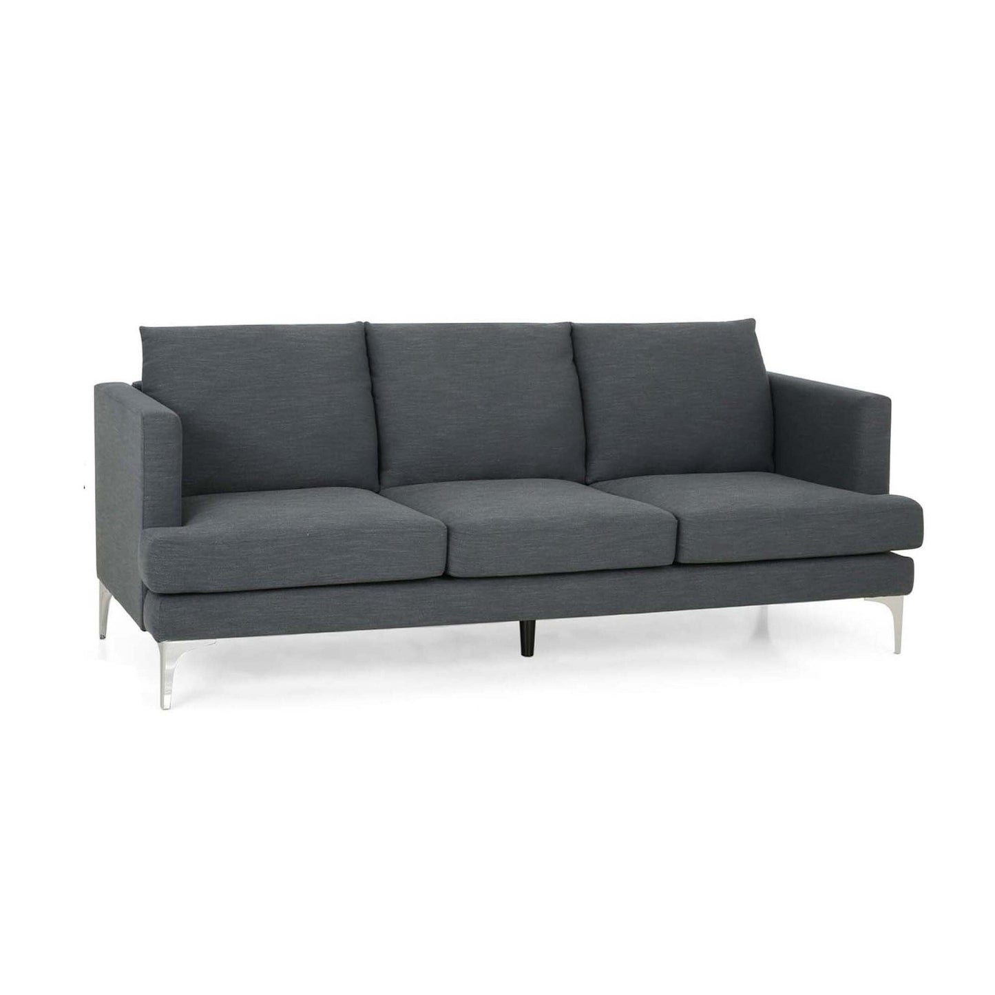 Canapé 3 places Miry, pieds en métal argenté, polyester texturé gris foncé