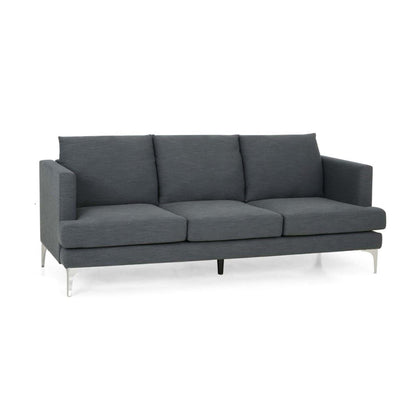 Canapé 3 places Miry, pieds en métal argenté, polyester texturé gris foncé