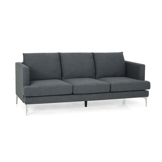 Canapé 3 places Miry, pieds en métal argenté, polyester texturé gris foncé