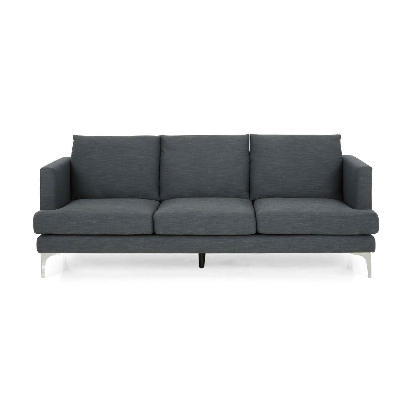 Canapé 3 places Miry, pieds en métal argenté, polyester texturé gris foncé