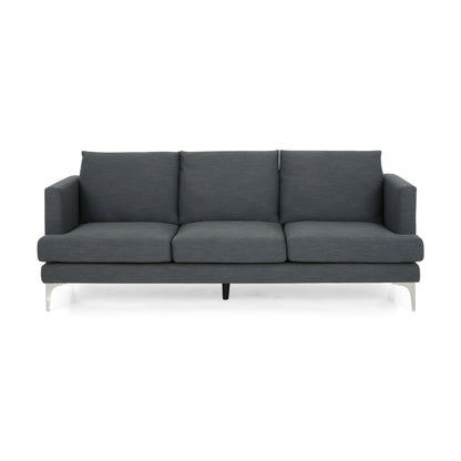 Canapé 3 places Miry, pieds en métal argenté, polyester texturé gris foncé