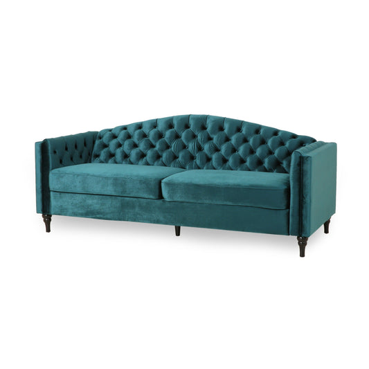 Canapé 3 places Miry, pieds en bois, velours vert sarcelle rétro Chesterfield