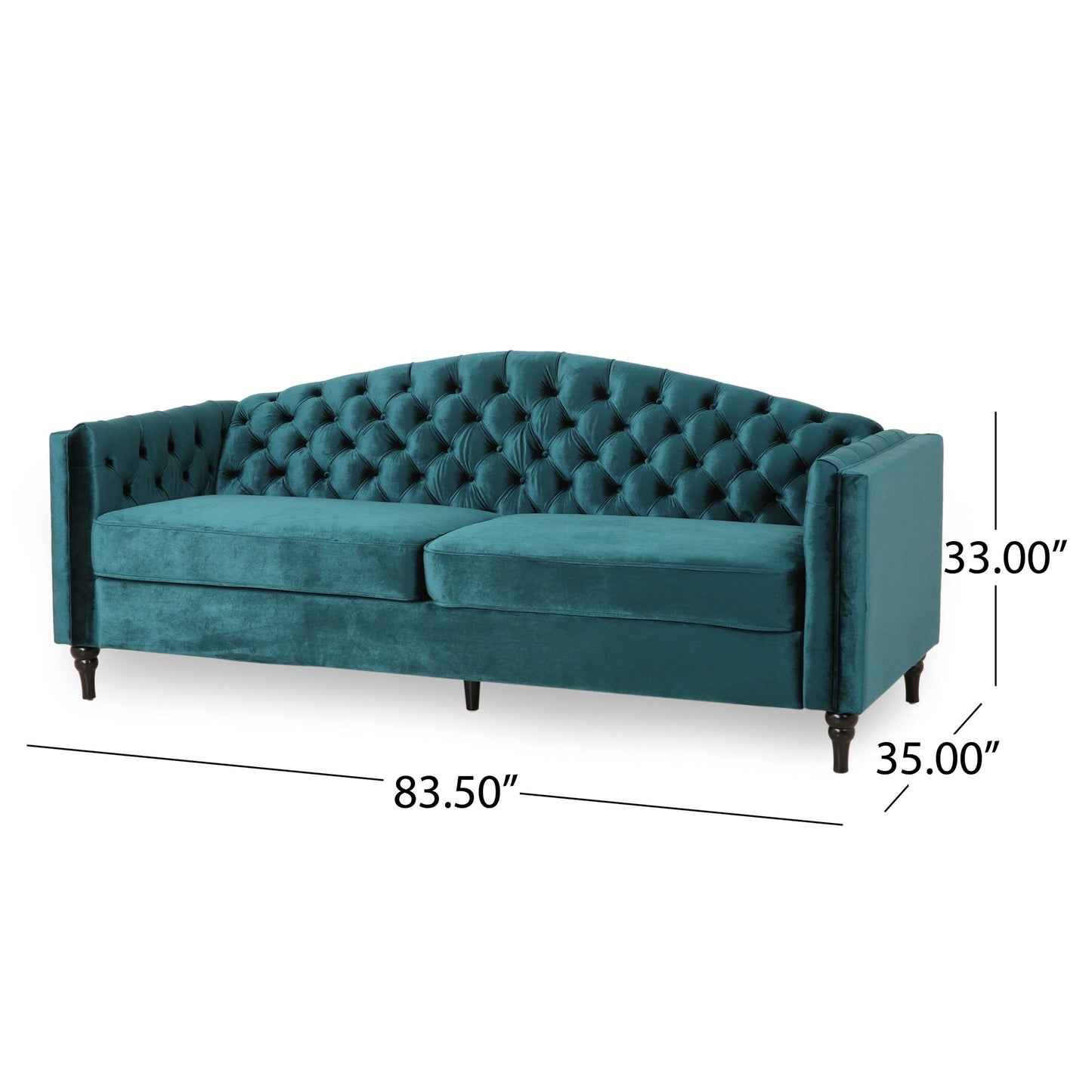 Canapé 3 places Miry, pieds en bois, velours vert sarcelle rétro Chesterfield