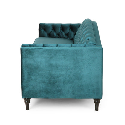 Canapé 3 places Miry, pieds en bois, velours vert sarcelle rétro Chesterfield