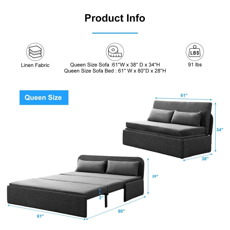 Canapé-lit convertible 2 en 1 Mixoy Linen, canapé-lit gigogne simple/queen avec matelas et coussins
