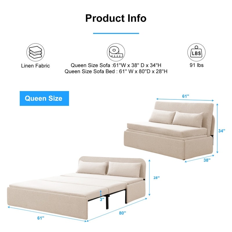 Canapé-lit convertible 2 en 1 Mixoy Linen, canapé-lit gigogne simple/queen avec matelas et coussins