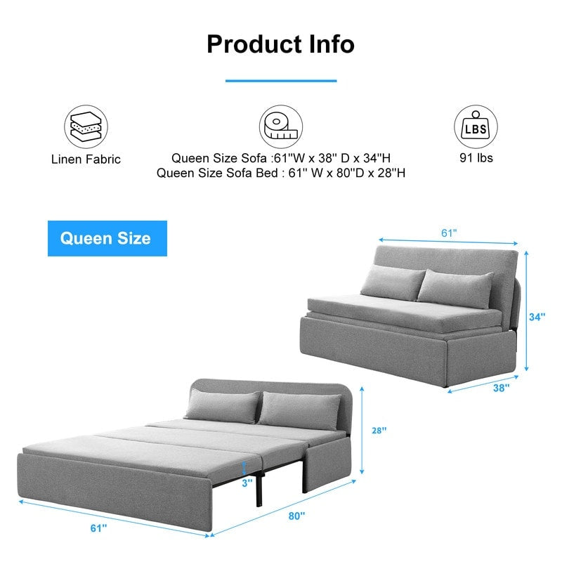Canapé-lit convertible 2 en 1 Mixoy Linen, canapé-lit gigogne simple/queen avec matelas et coussins