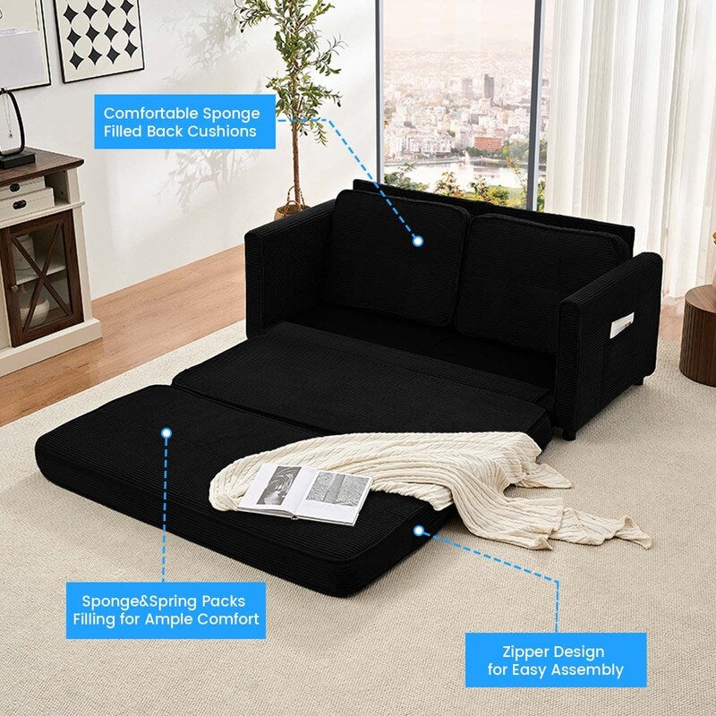 Canapé-lit futon convertible 3 en 1 Mixoy, canapé-lit capitonné pliable avec poches latérales