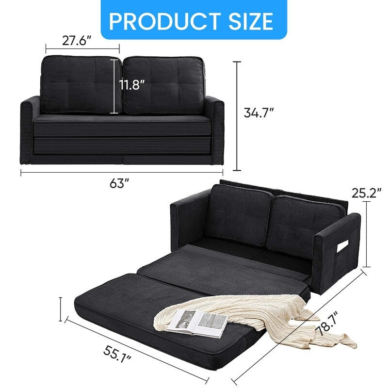 Canapé-lit futon convertible 3 en 1 Mixoy, canapé-lit capitonné pliable avec poches latérales