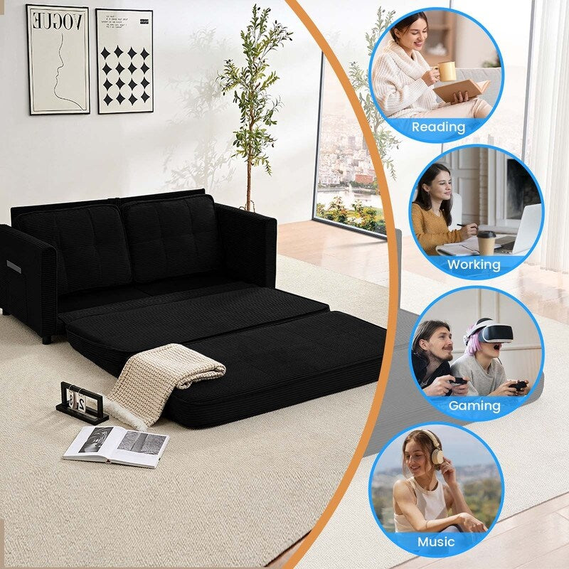 Canapé-lit futon convertible 3 en 1 Mixoy, canapé-lit capitonné pliable avec poches latérales