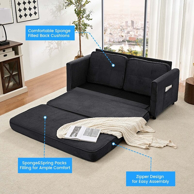 Canapé-lit futon convertible 3 en 1 Mixoy, canapé-lit capitonné pliable avec poches latérales
