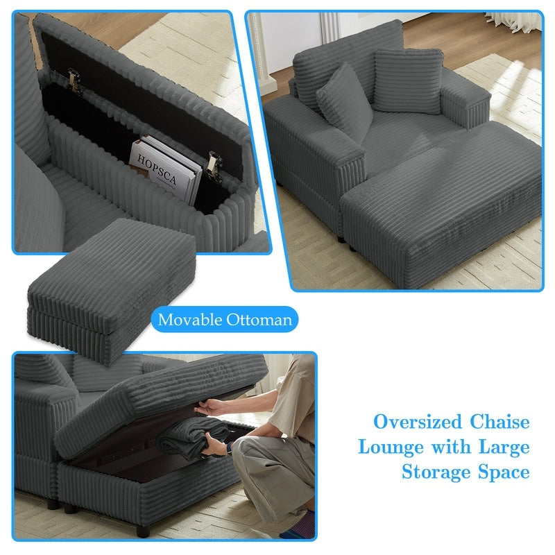 Chaise longue en velours côtelé Mixoy 42'' avec pouf de rangement et accoudoirs, fauteuil inclinable rembourré