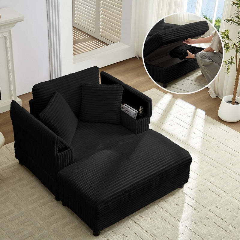 Chaise longue en velours côtelé Mixoy 42'' avec pouf de rangement et accoudoirs, fauteuil inclinable rembourré