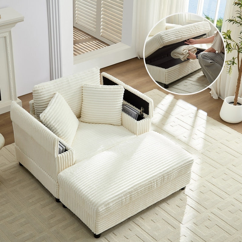 Chaise longue en velours côtelé Mixoy 42'' avec pouf de rangement et accoudoirs, fauteuil inclinable rembourré