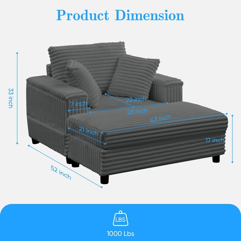Chaise longue en velours côtelé Mixoy 42'' avec pouf de rangement et accoudoirs, fauteuil inclinable rembourré