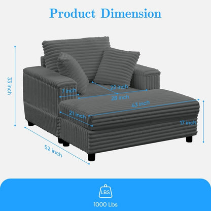 Chaise longue en velours côtelé Mixoy 42'' avec pouf de rangement et accoudoirs, fauteuil inclinable rembourré