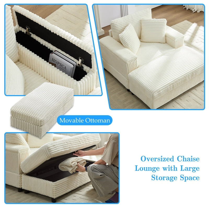 Chaise longue en velours côtelé Mixoy 42'' avec pouf de rangement et accoudoirs, fauteuil inclinable rembourré