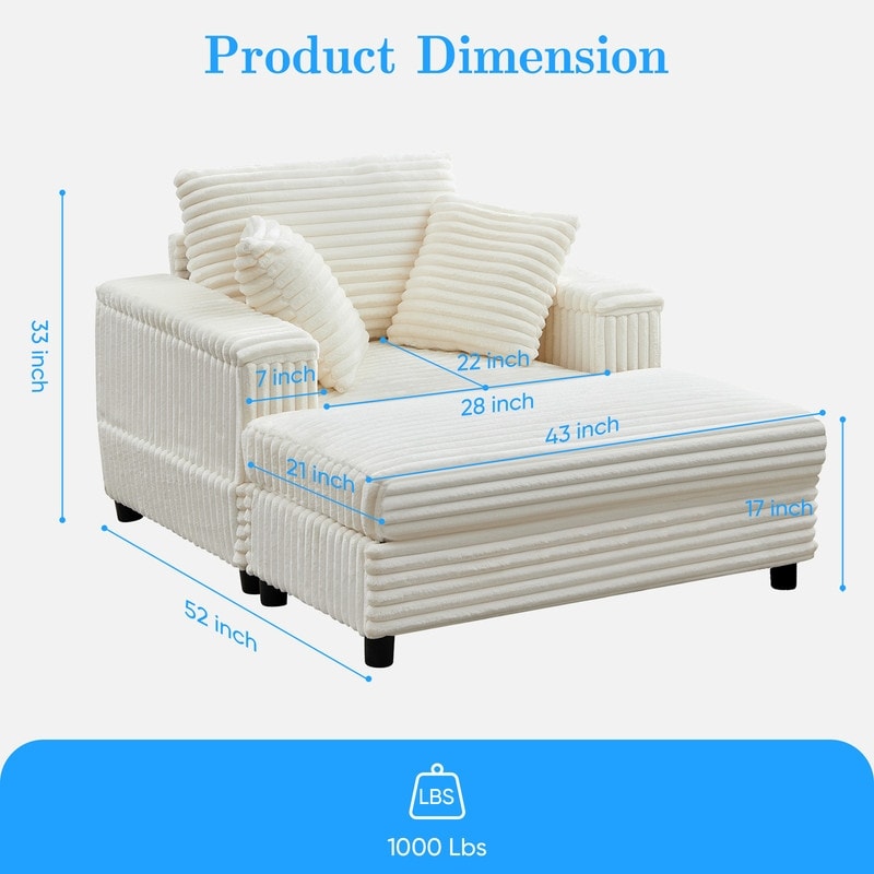 Chaise longue en velours côtelé Mixoy 42'' avec pouf de rangement et accoudoirs, fauteuil inclinable rembourré