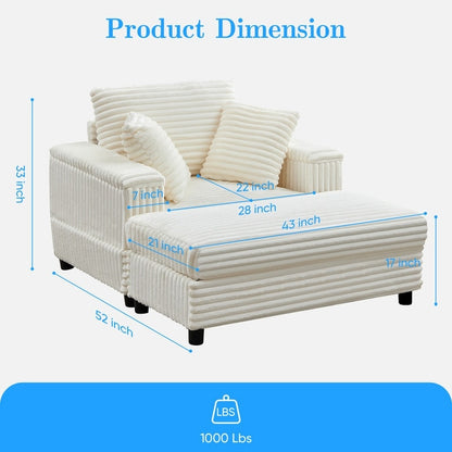 Chaise longue en velours côtelé Mixoy 42'' avec pouf de rangement et accoudoirs, fauteuil inclinable rembourré