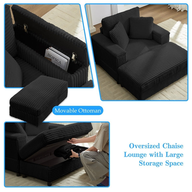 Chaise longue en velours côtelé Mixoy 42'' avec pouf de rangement et accoudoirs, fauteuil inclinable rembourré