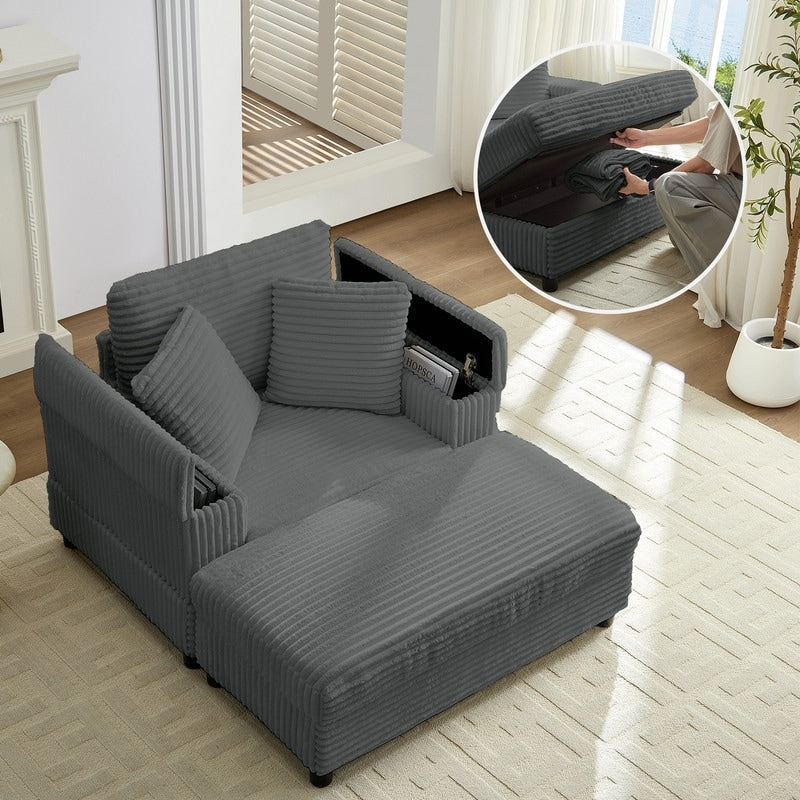 Chaise longue en velours côtelé Mixoy 42'' avec pouf de rangement et accoudoirs, fauteuil inclinable rembourré
