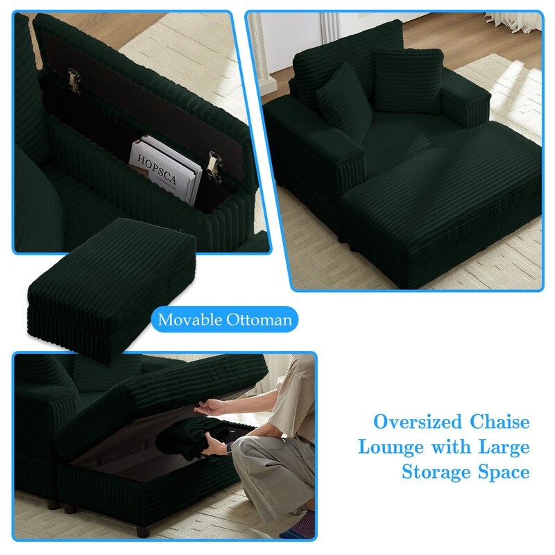 Chaise longue en velours côtelé Mixoy 42'' avec pouf de rangement et accoudoirs, fauteuil inclinable rembourré