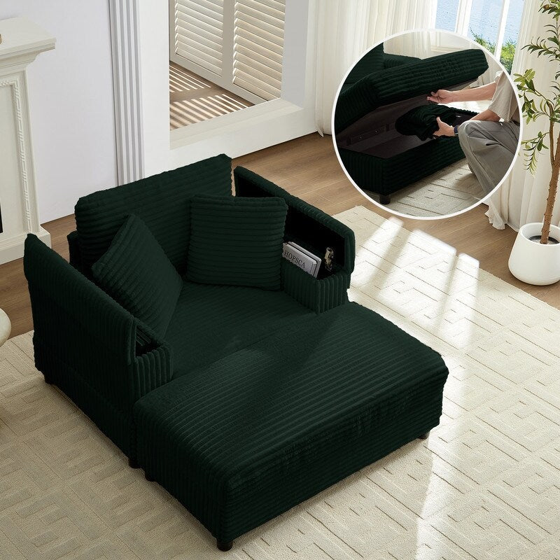 Chaise longue en velours côtelé Mixoy 42'' avec pouf de rangement et accoudoirs, fauteuil inclinable rembourré