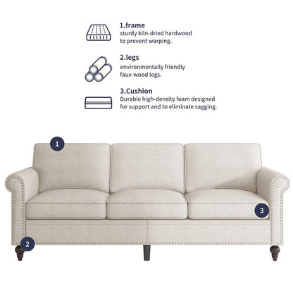 Canapé 3 places Mixoy W76'' en lin doux moderne avec motif rivet pour salon