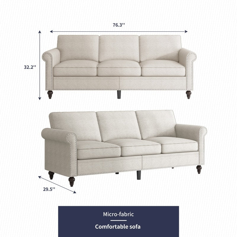 Canapé 3 places Mixoy W76'' en lin doux moderne avec motif rivet pour salon