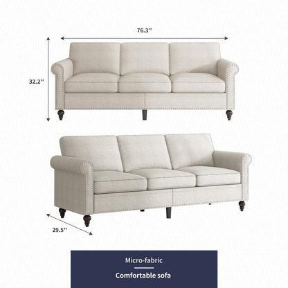 Canapé 3 places Mixoy W76'' en lin doux moderne avec motif rivet pour salon