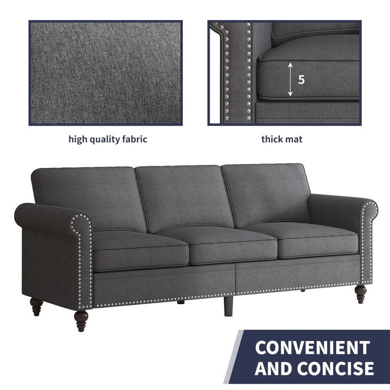 Canapé 3 places Mixoy W76'' en lin doux moderne avec motif rivet pour salon